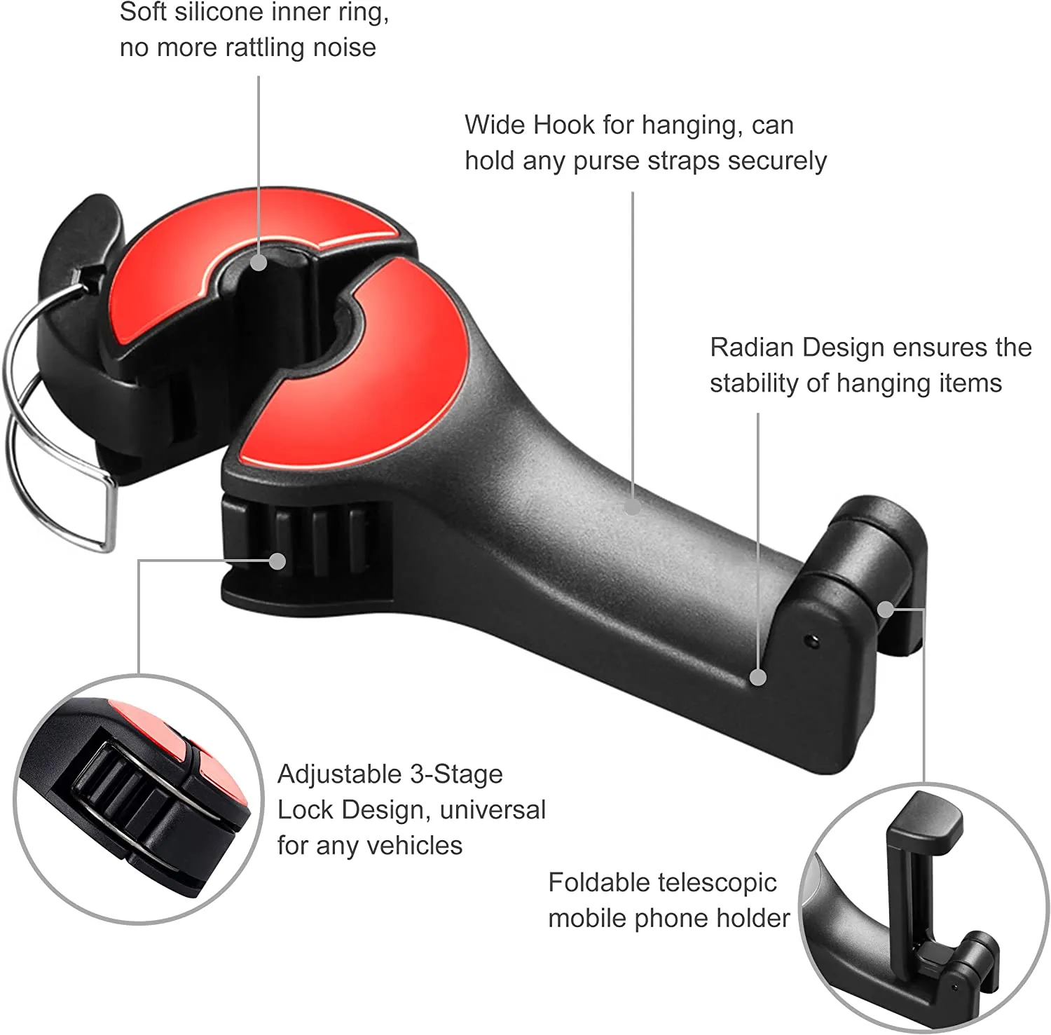 2 in 1 Car Seat Hooks for Purses and Bags with Phone Holder，Automative Headrest Purse Handbag Holder Hangers Organizers,Falling Resistance, Quietness and Universal Fit for All Cars, Car Accessories