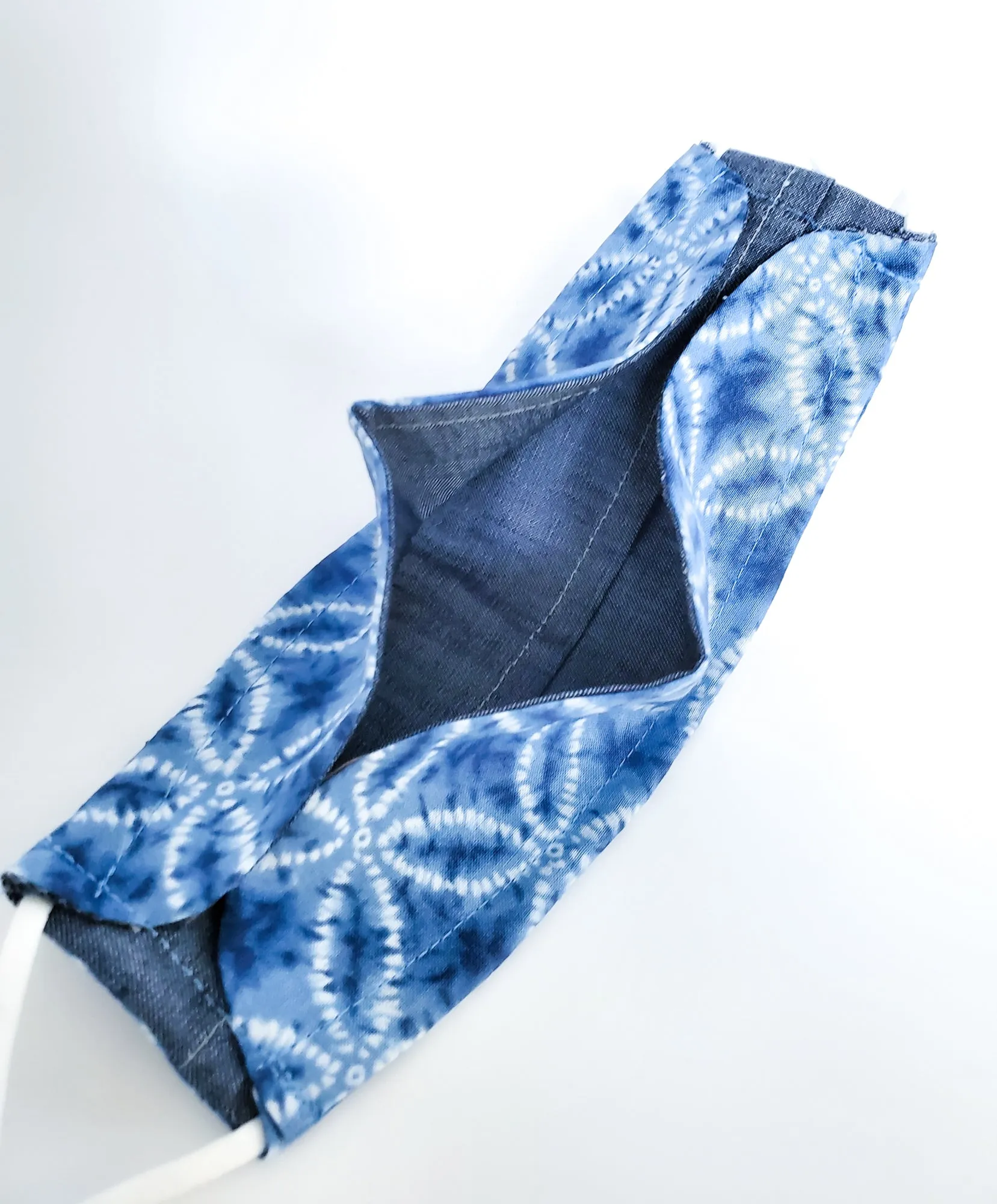 3D Origami Mask Shippou Circles Shibori Tie Dye in Blue
