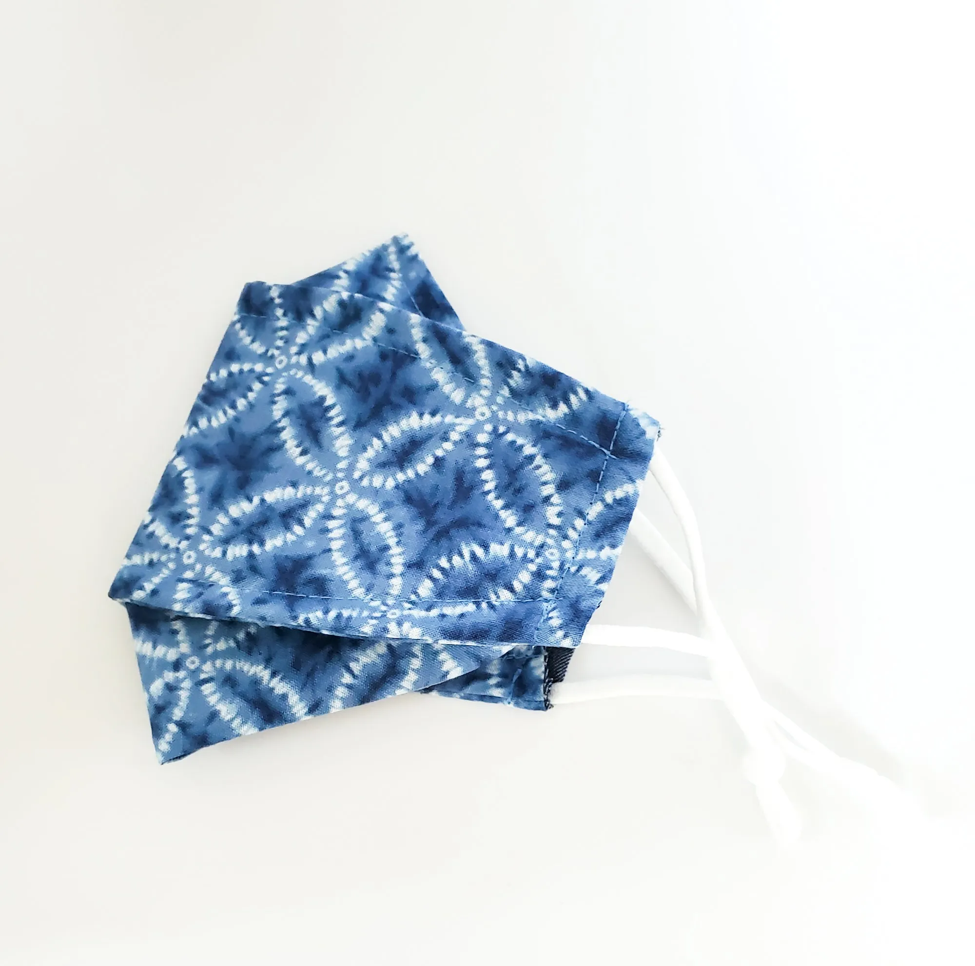3D Origami Mask Shippou Circles Shibori Tie Dye in Blue