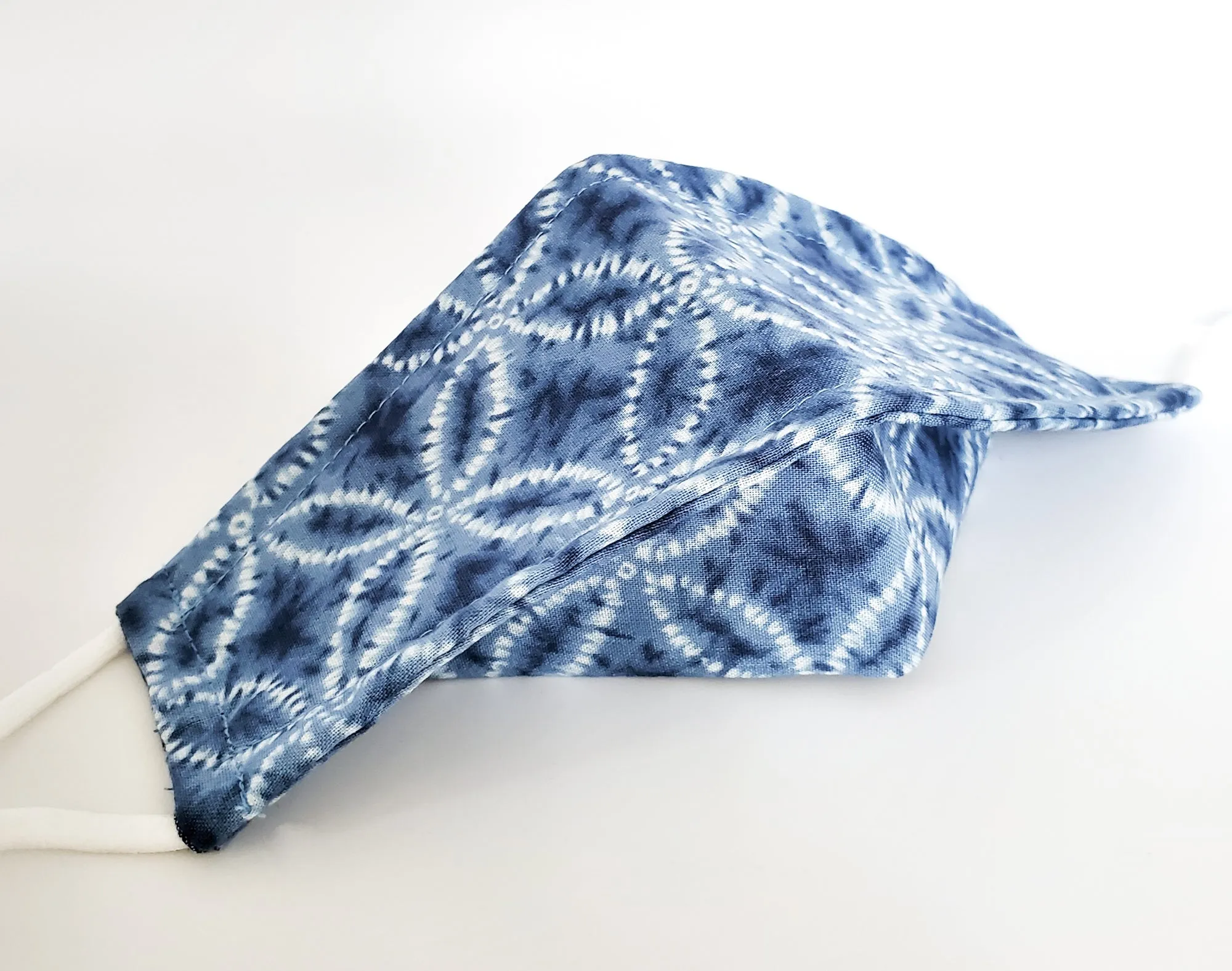 3D Origami Mask Shippou Circles Shibori Tie Dye in Blue