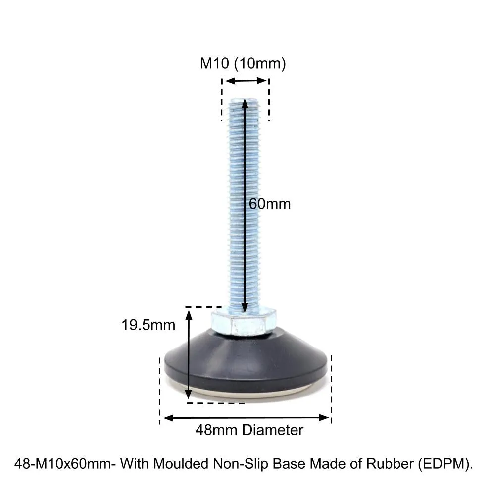 48mm-M10x60mm Non-Slip Screw In Levelling Machine Feet Height Adjustable, Made In Germany
