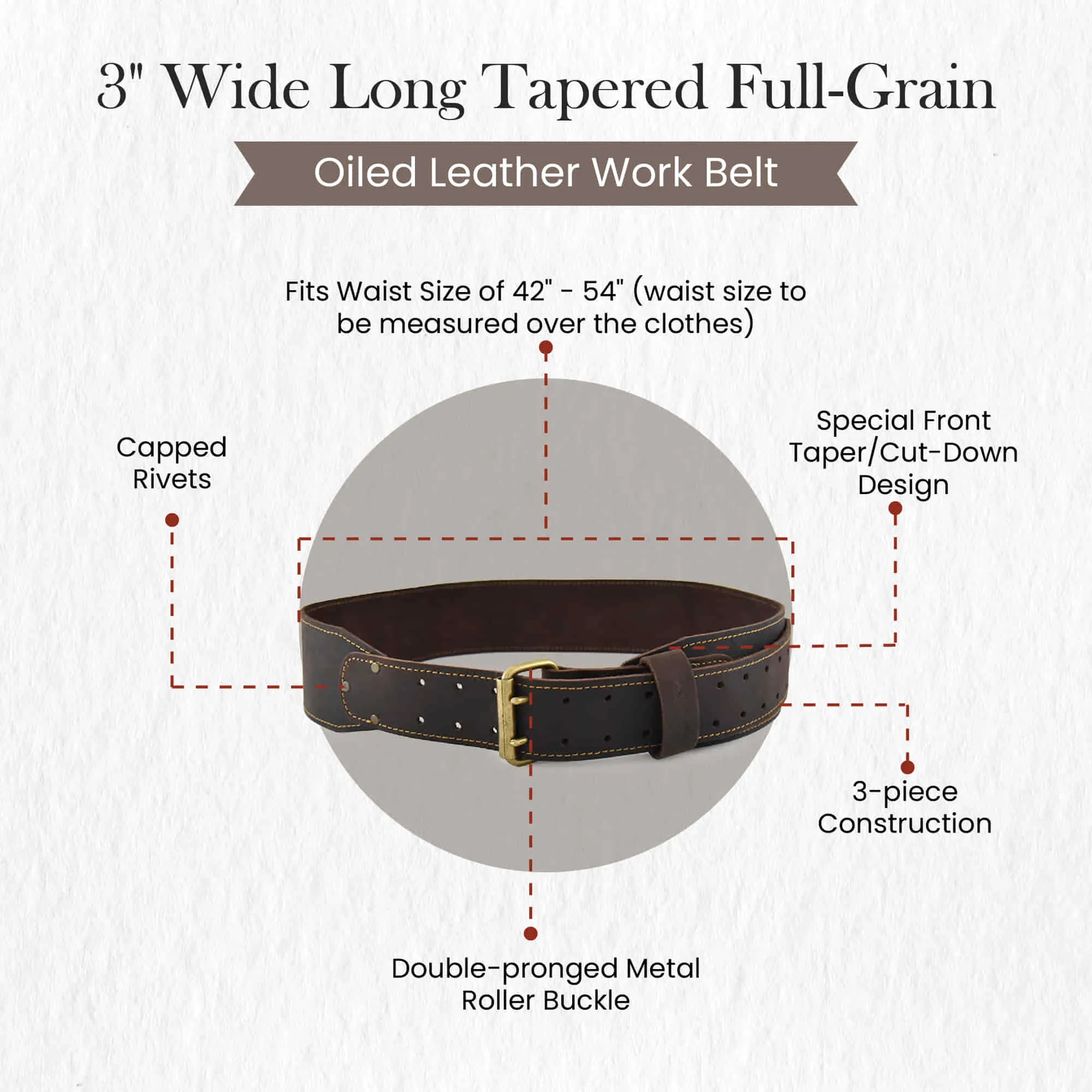 74055 - 3 Inch Wide - Long - Tapered Work Belt in Full Grain Oiled Leather | Style n Craft