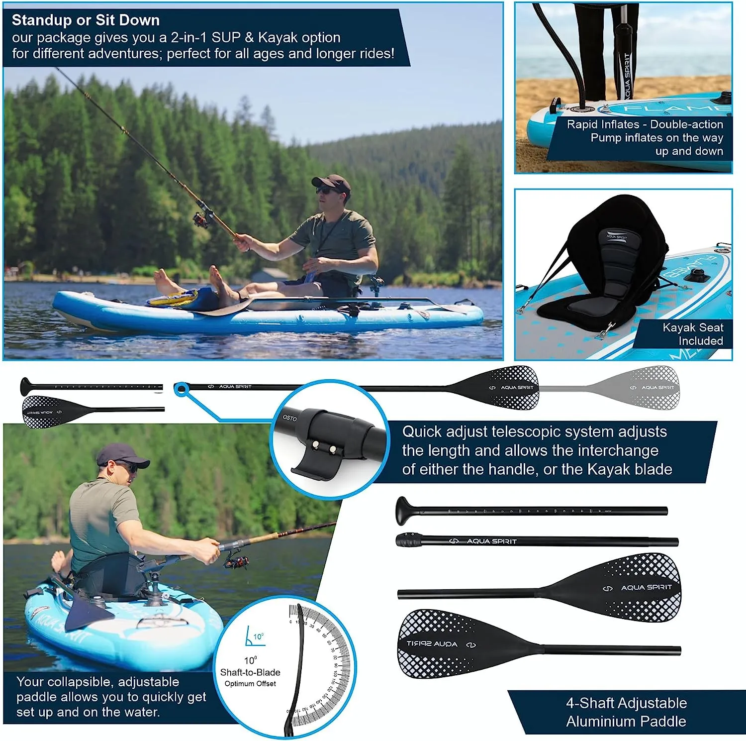 Aqua Spirit Flameback SUP Activity Inflatable Stand UP Paddle Board 2024 | 10'10”x39”x6” | Complete Kayak Conversion Kit with Fishing Rod Mounts, Paddle, Backpack, Pump and more accessories | Adult Beginners/Experts | 2 Year Warranty