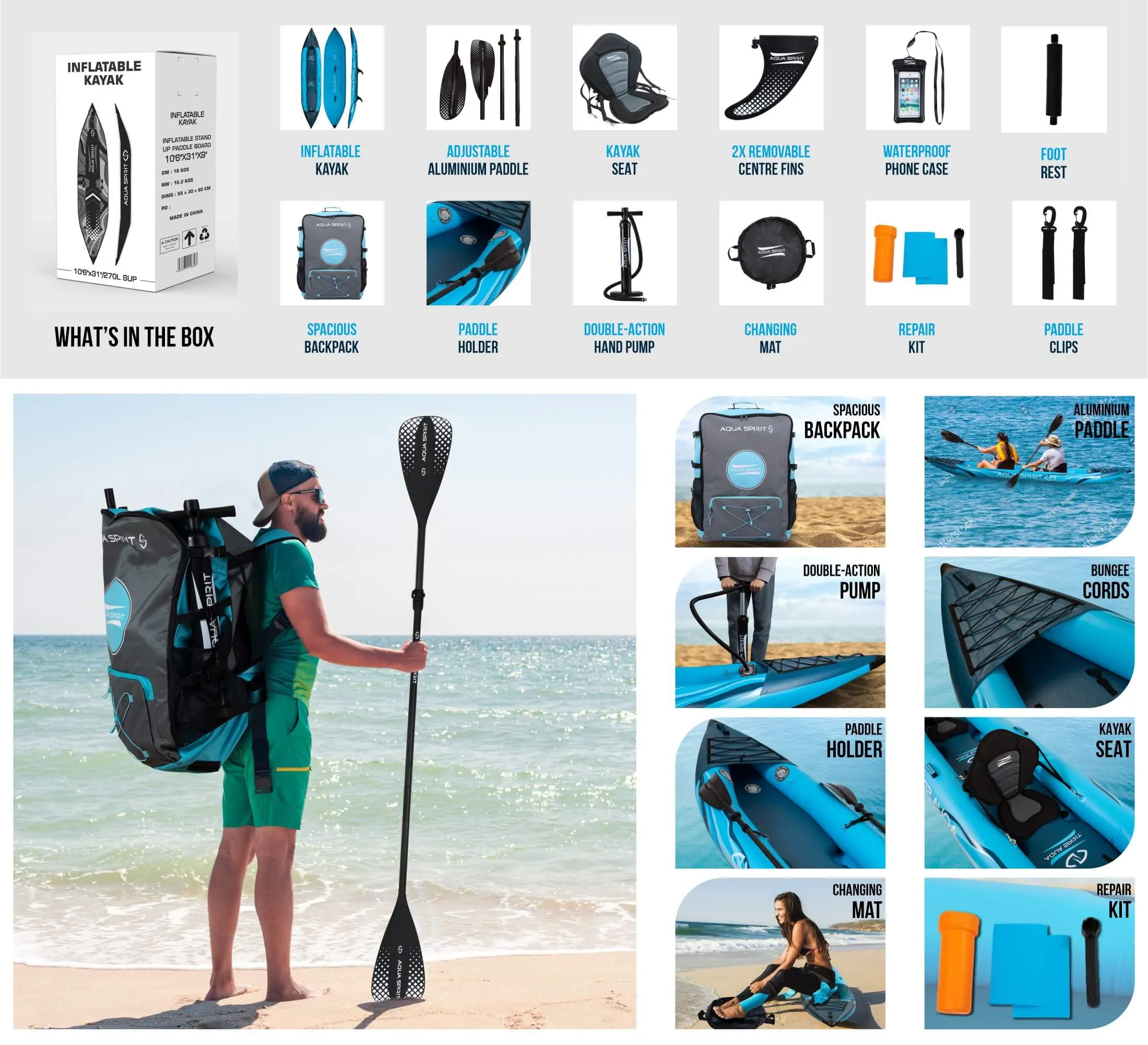 Aqua Spirit Inflatable Kayak, 10'5”/13’5”/1 or 2 Person Complete Kayak Kit with Paddle, Backpack, Double-Action Pump and more accessories, For Adult Beginners/Experts - 3 Years Brand Warranty