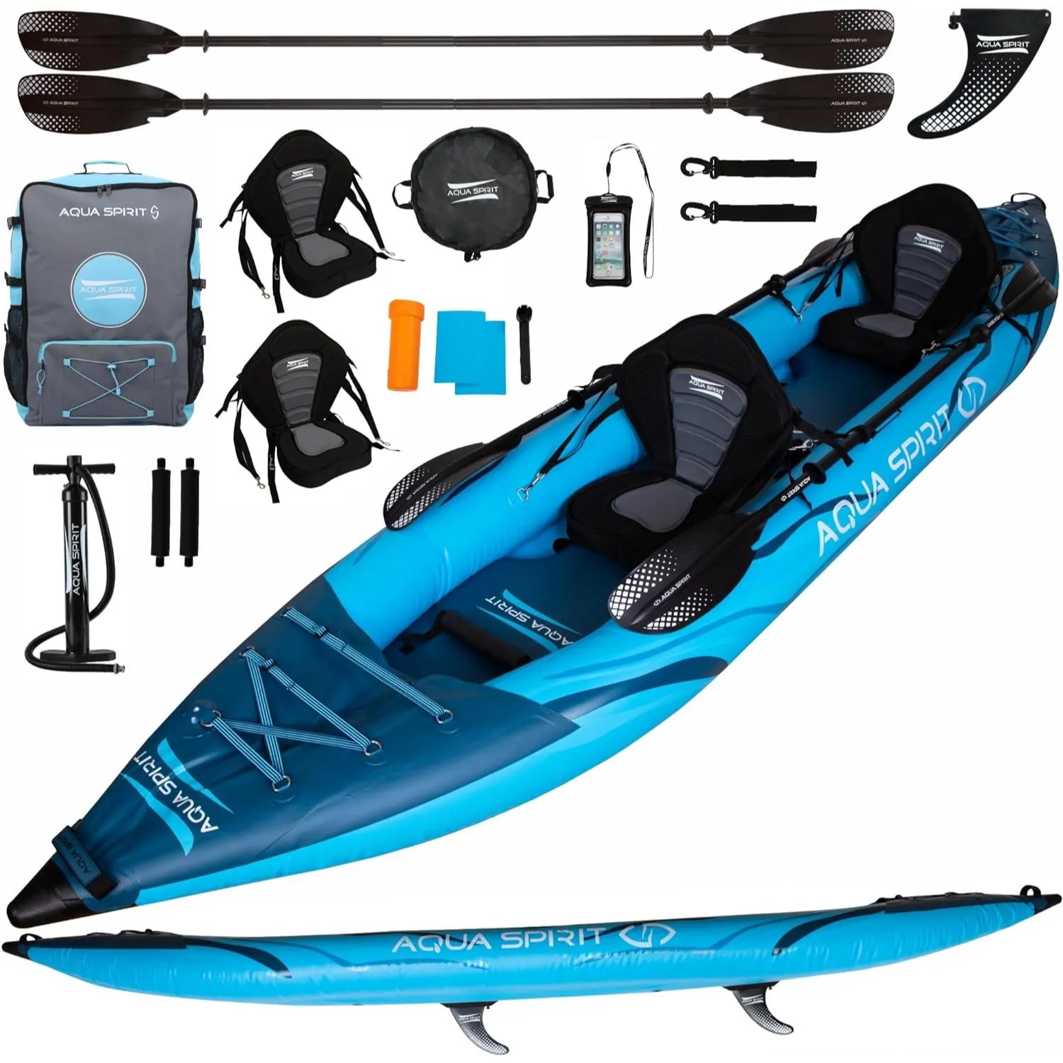 Aqua Spirit Inflatable Kayak, 10'5”/13’5”/1 or 2 Person Complete Kayak Kit with Paddle, Backpack, Double-Action Pump and more accessories, For Adult Beginners/Experts - 3 Years Brand Warranty