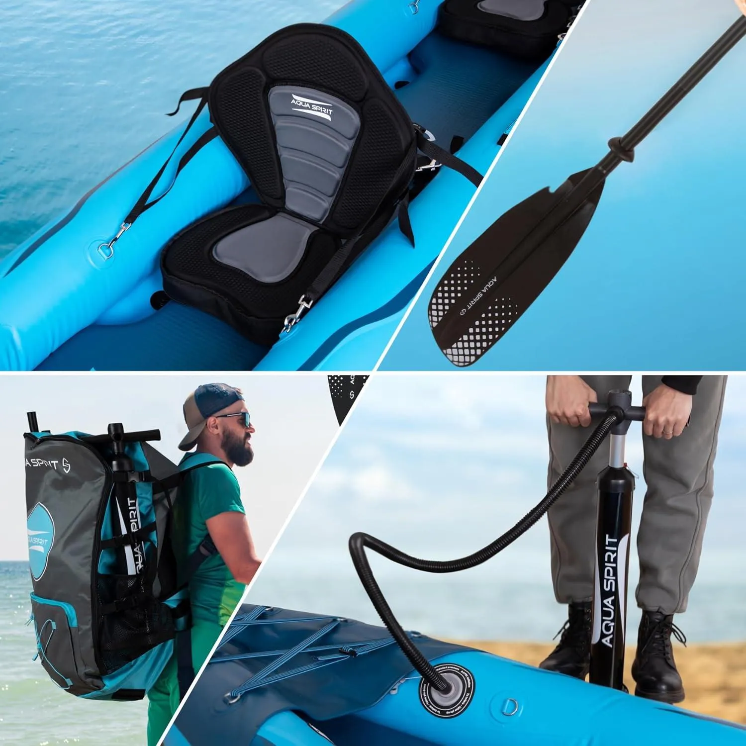Aqua Spirit Inflatable Kayak, 10'5”/13’5”/1 or 2 Person Complete Kayak Kit with Paddle, Backpack, Double-Action Pump and more accessories, For Adult Beginners/Experts - 3 Years Brand Warranty