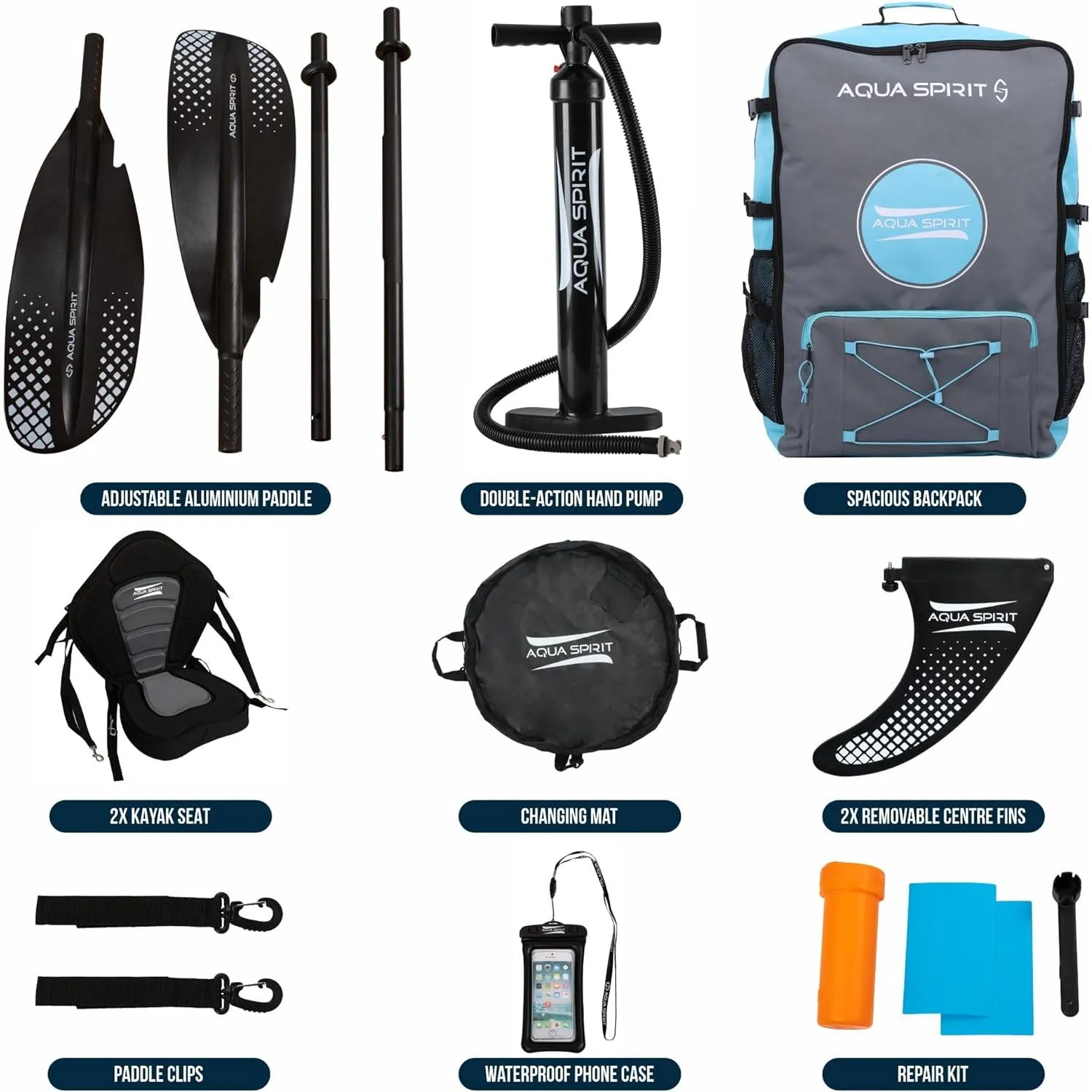 Aqua Spirit Inflatable Kayak, 10'5”/13’5”/1 or 2 Person Complete Kayak Kit with Paddle, Backpack, Double-Action Pump and more accessories, For Adult Beginners/Experts - 3 Years Brand Warranty