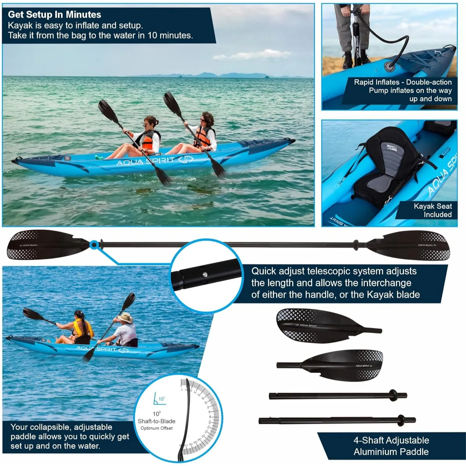 Aqua Spirit Inflatable Kayak, 10'5”/13’5”/1 or 2 Person Complete Kayak Kit with Paddle, Backpack, Double-Action Pump and more accessories, For Adult Beginners/Experts - 3 Years Brand Warranty