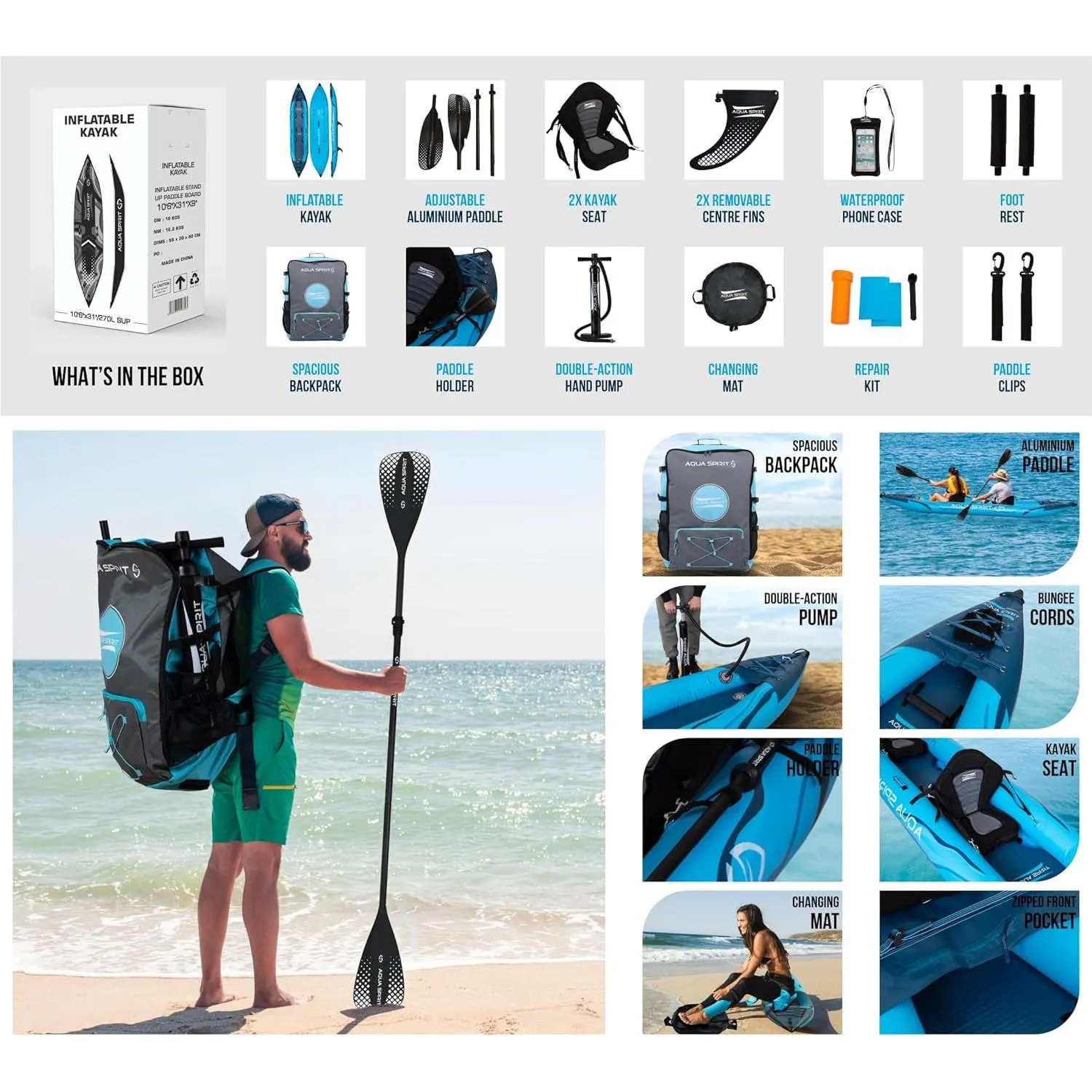 Aqua Spirit Inflatable Kayak, 10'5”/13’5”/1 or 2 Person Complete Kayak Kit with Paddle, Backpack, Double-Action Pump and more accessories, For Adult Beginners/Experts - 3 Years Brand Warranty