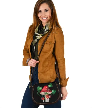 Black Saddle Bag With Mushroom and Fern Design