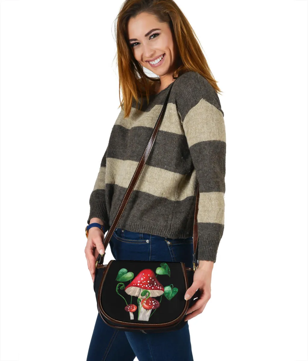 Black Saddle Bag With Mushroom and Fern Design