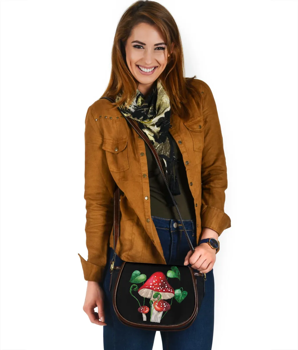 Black Saddle Bag With Mushroom and Fern Design
