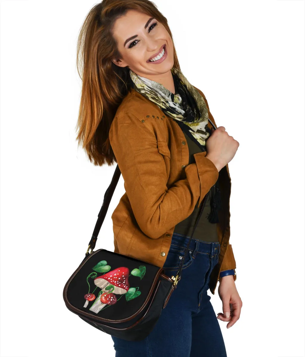 Black Saddle Bag With Mushroom and Fern Design
