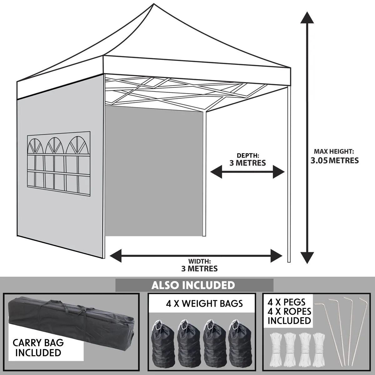Dellonda Premium 3x3m Pop-Up Gazebo & Side Walls, PVC Coated, Water Resistant Fabric with Carry Bag, Rope, Stakes & Weight Bags - Grey