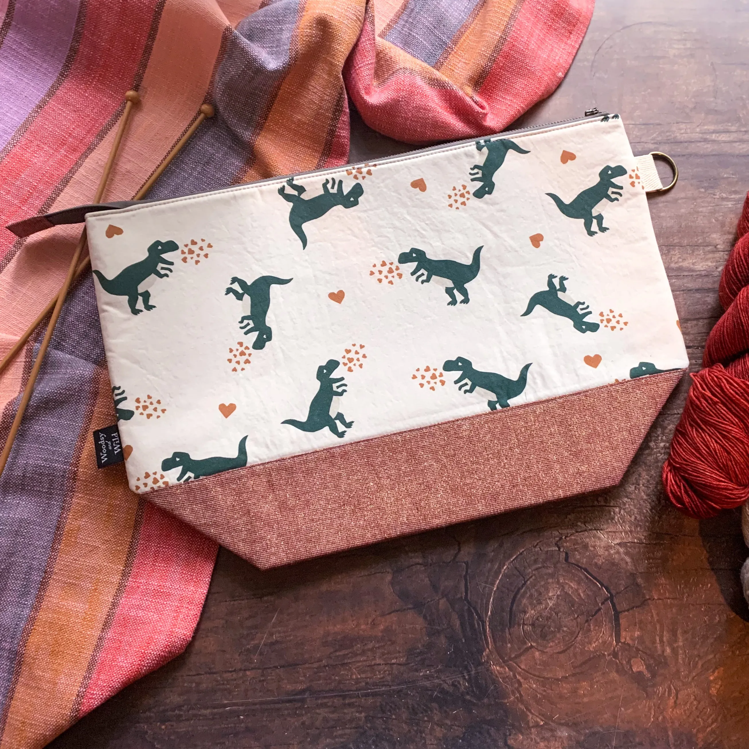 *Dinosaur Love*  Zippered Knitting Project Bag- Ready to Ship