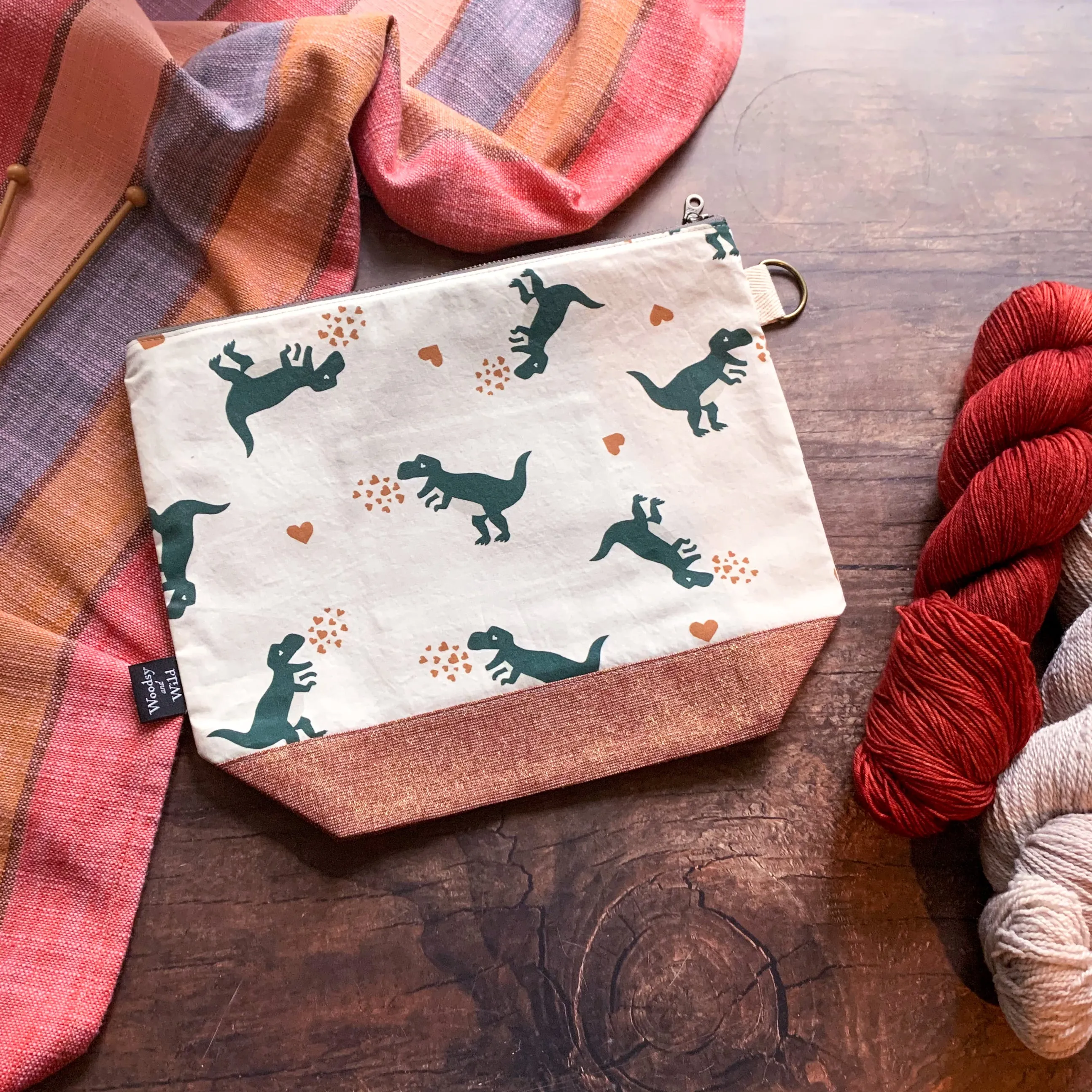 *Dinosaur Love*  Zippered Knitting Project Bag- Ready to Ship