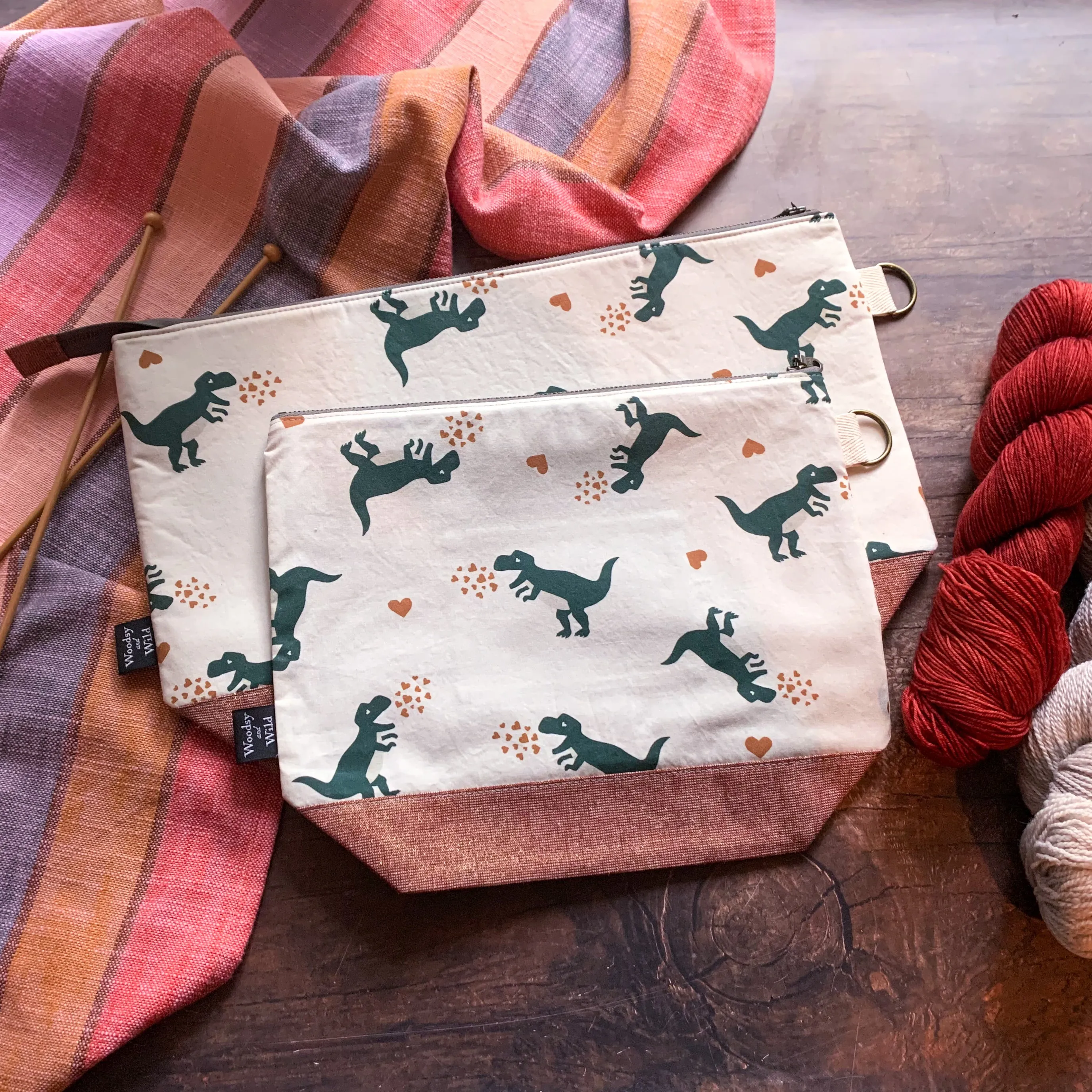 *Dinosaur Love*  Zippered Knitting Project Bag- Ready to Ship