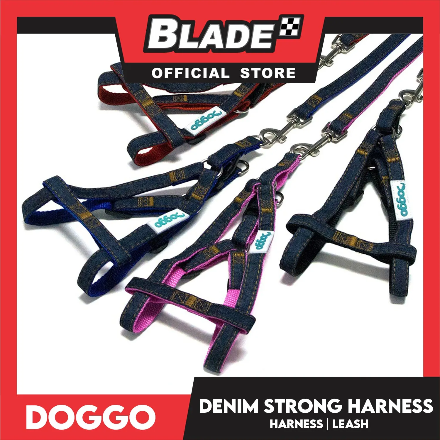 Doggo Denim Strong Harness Extra Small (Red) Thick Leash and Straps for Your Dog