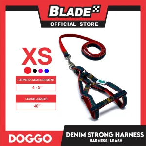 Doggo Denim Strong Harness Extra Small (Red) Thick Leash and Straps for Your Dog