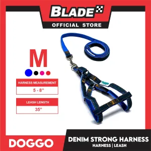 Doggo Denim Strong Harness Medium (Blue) Thick Leash and Straps for Your Dog