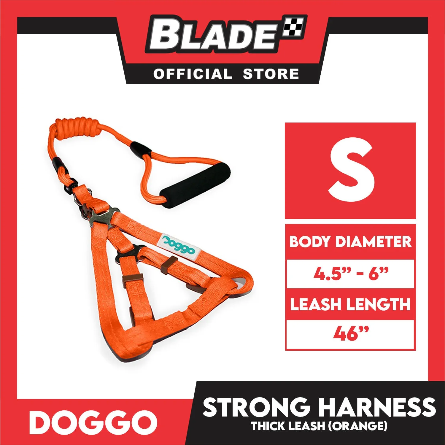 Doggo Strong Harness Thick Leash Soft Handle Steel Connector Small (Orange) Safe Harness for Your Dog