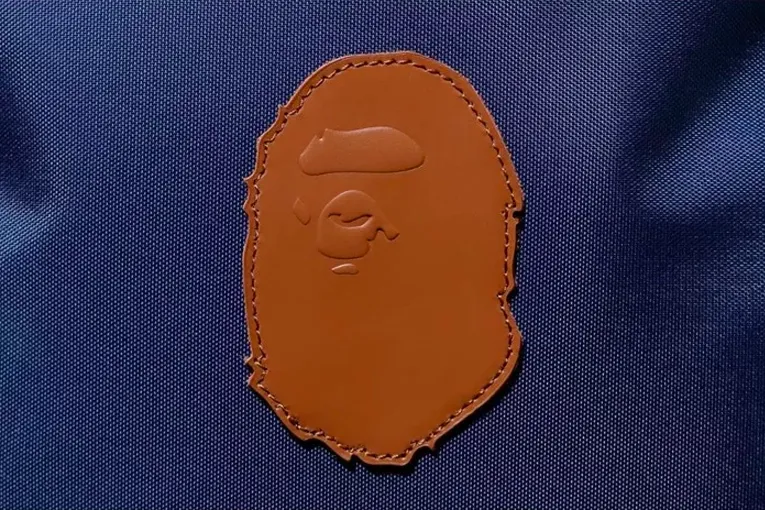 DS! A Bathing Ape Bape Leather Patch Nylon Day Pack Backpack Navy