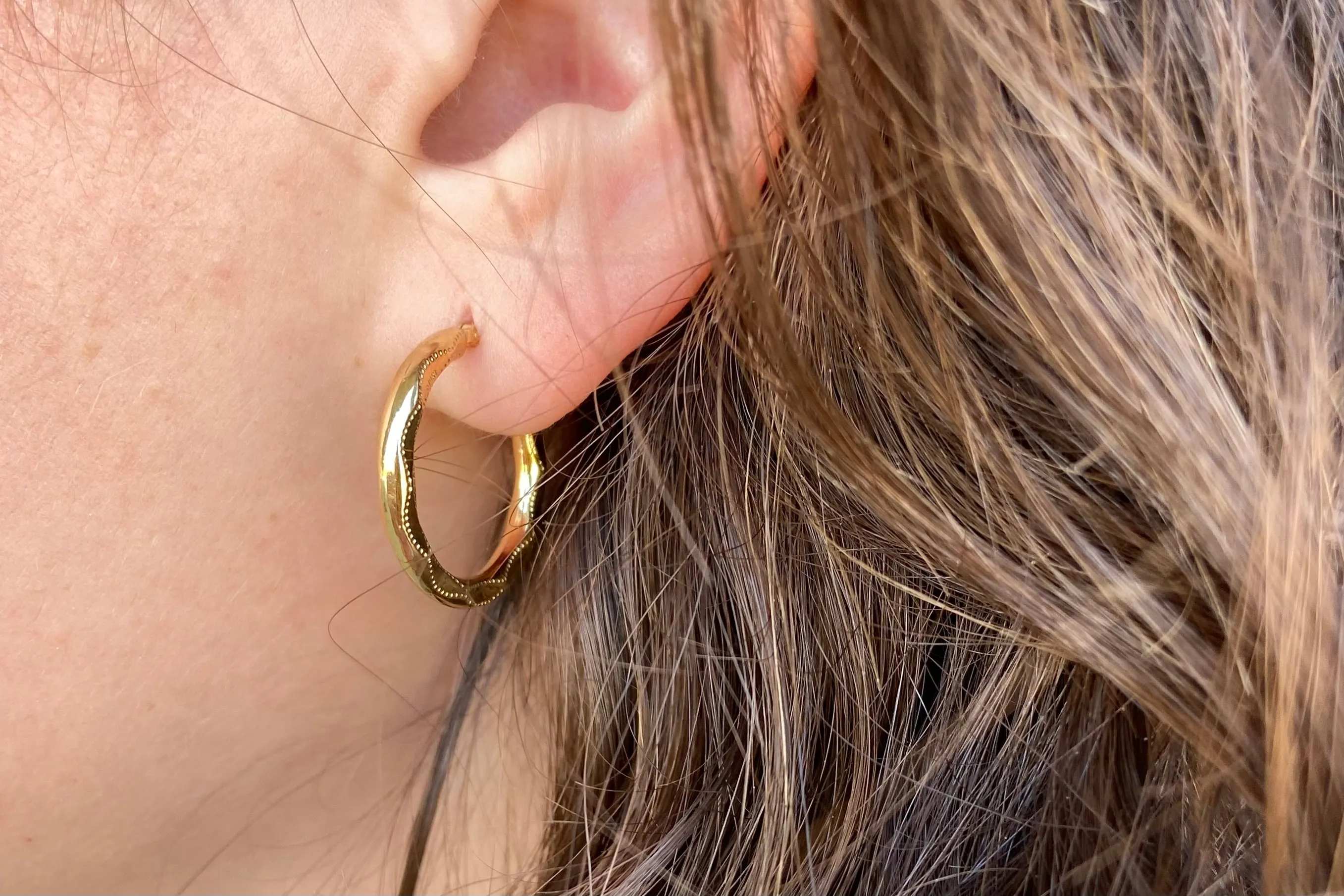 Embossed Round Tube Yellow Gold Hoop Earrings