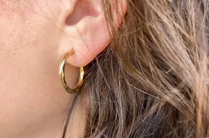Embossed Round Tube Yellow Gold Hoop Earrings