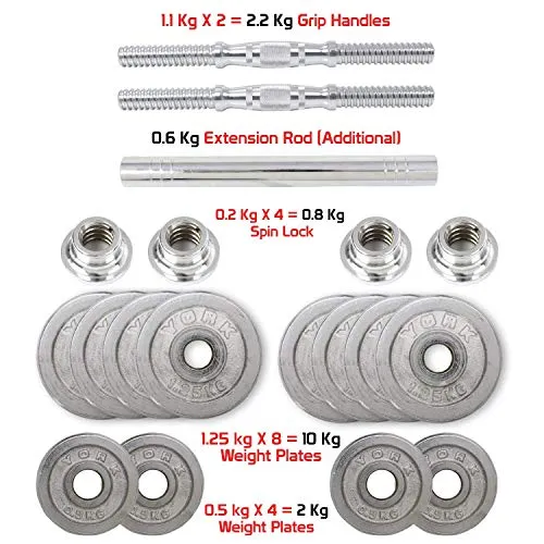 FITSY Adjustable Dumbbell Set Chrome Plated Iron Dumbbell Kit for Home Gym Workout with Extension Barbell Rod [AR-2628, 15 Kg]