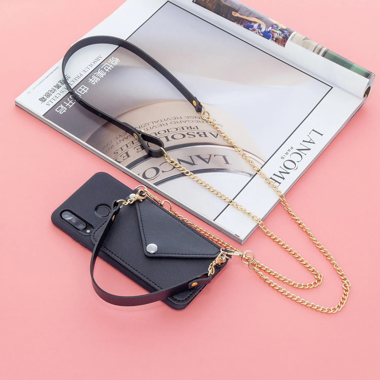 For HUAWEI P30/P30 Lite/P30 Pro Mobile Phone Cover with Pu Leather Card Holder   Hand Rope   Straddle Rope black