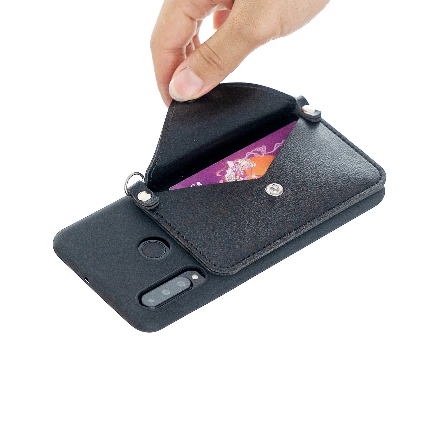 For HUAWEI P30/P30 Lite/P30 Pro Mobile Phone Cover with Pu Leather Card Holder   Hand Rope   Straddle Rope black