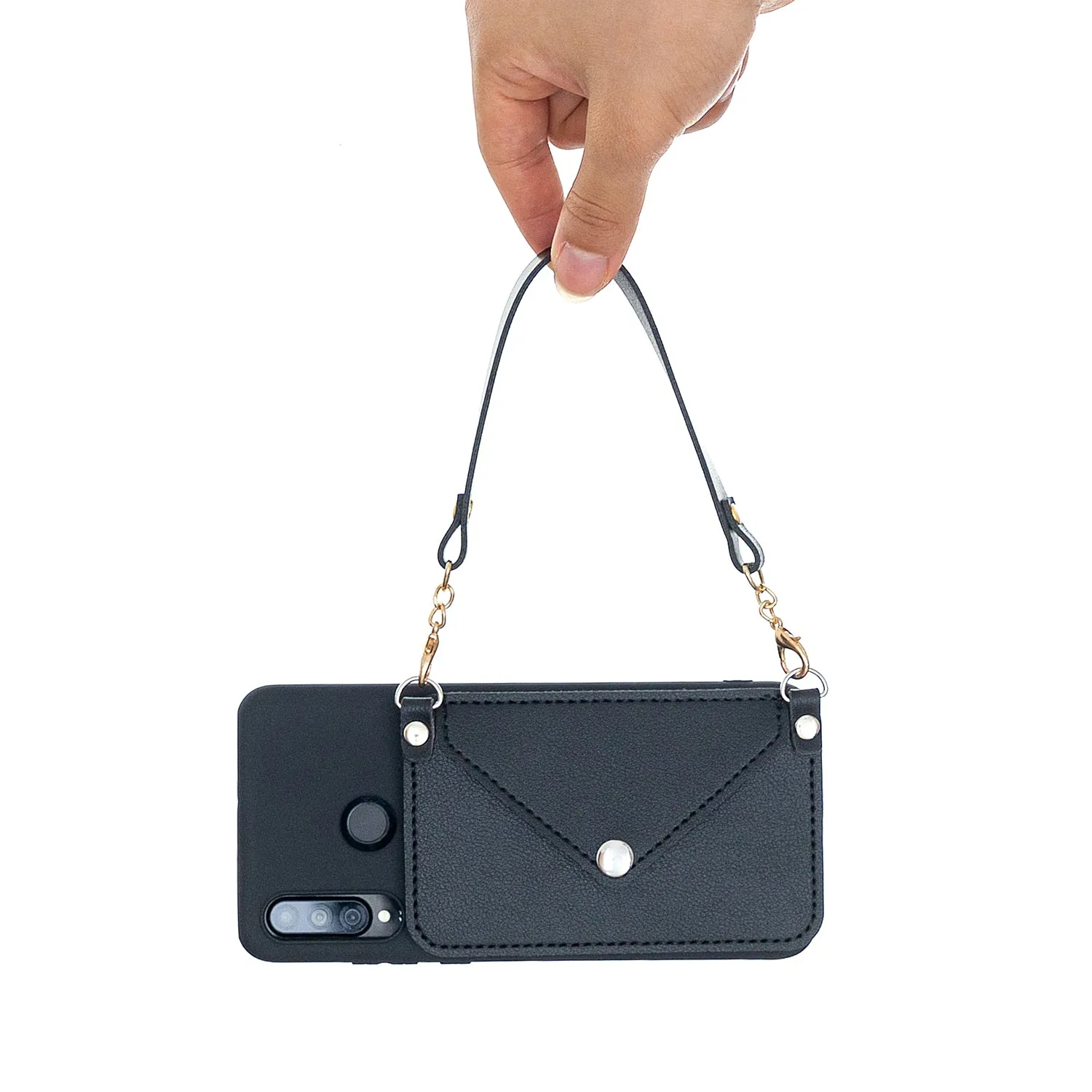 For HUAWEI P30/P30 Lite/P30 Pro Mobile Phone Cover with Pu Leather Card Holder   Hand Rope   Straddle Rope black