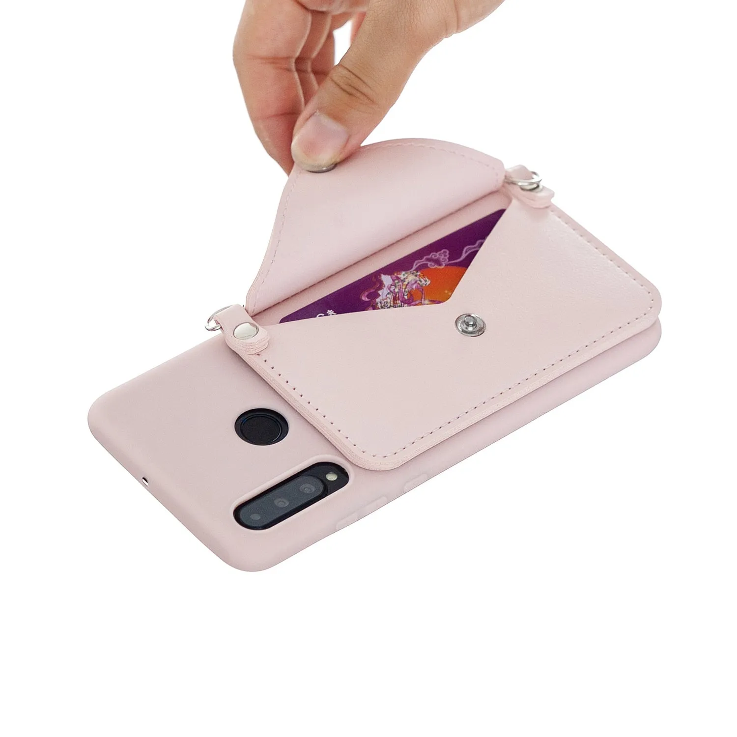 For HUAWEI P30/P30 Lite/P30 Pro Mobile Phone Cover with Pu Leather Card Holder   Hand Rope   Straddle Rope Pink