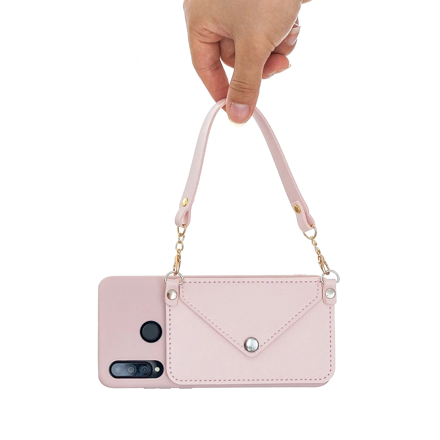 For HUAWEI P30/P30 Lite/P30 Pro Mobile Phone Cover with Pu Leather Card Holder   Hand Rope   Straddle Rope Pink
