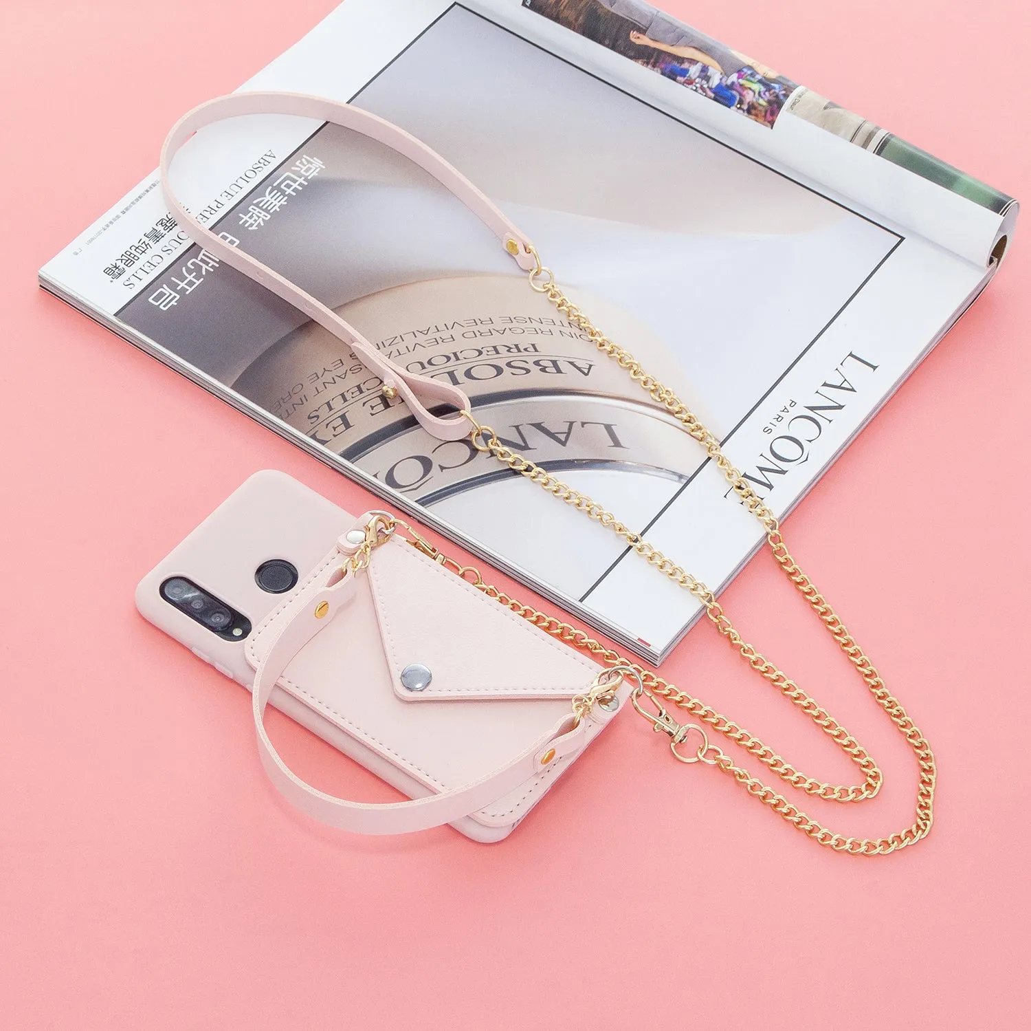 For HUAWEI P30/P30 Lite/P30 Pro Mobile Phone Cover with Pu Leather Card Holder   Hand Rope   Straddle Rope Pink