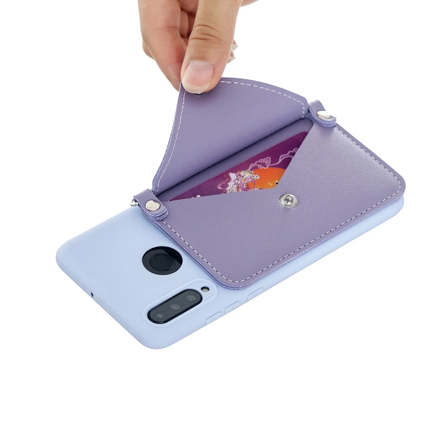 For HUAWEI P30/P30 Lite/P30 Pro Mobile Phone Cover with Pu Leather Card Holder   Hand Rope   Straddle Rope purple