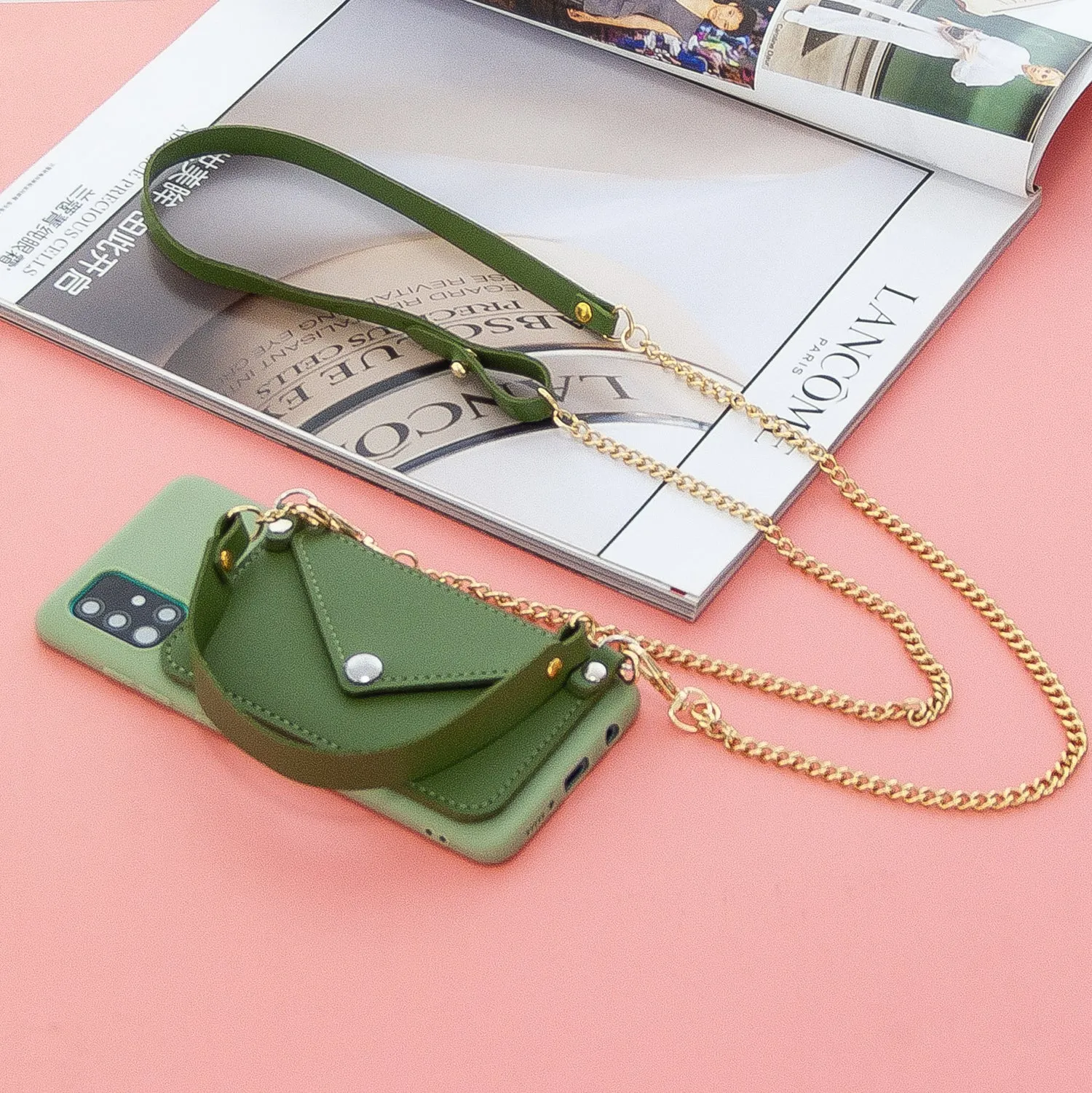 For HUAWEI P40/P40 Lite/P40 Pro Mobile Phone Cover with Pu Leather Card Holder   Hand Rope   Straddle Rope green