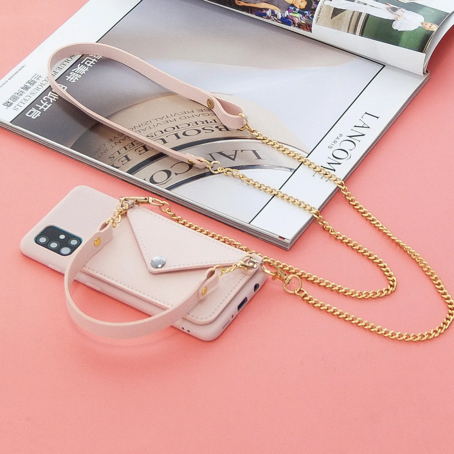 For HUAWEI P40/P40 Lite/P40 Pro Mobile Phone Cover with Pu Leather Card Holder   Hand Rope   Straddle Rope Pink