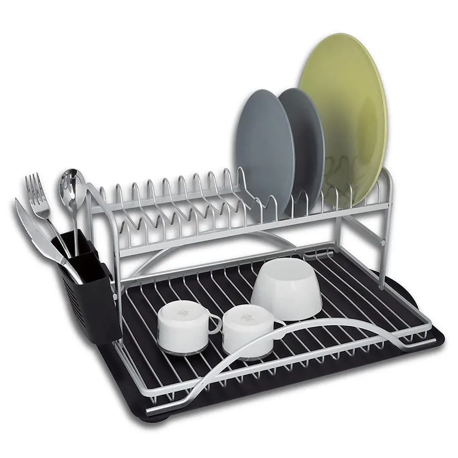 HS Double Dish Rack Silver Aluminum With Black Plastic Utensil Holder & Tray 42101