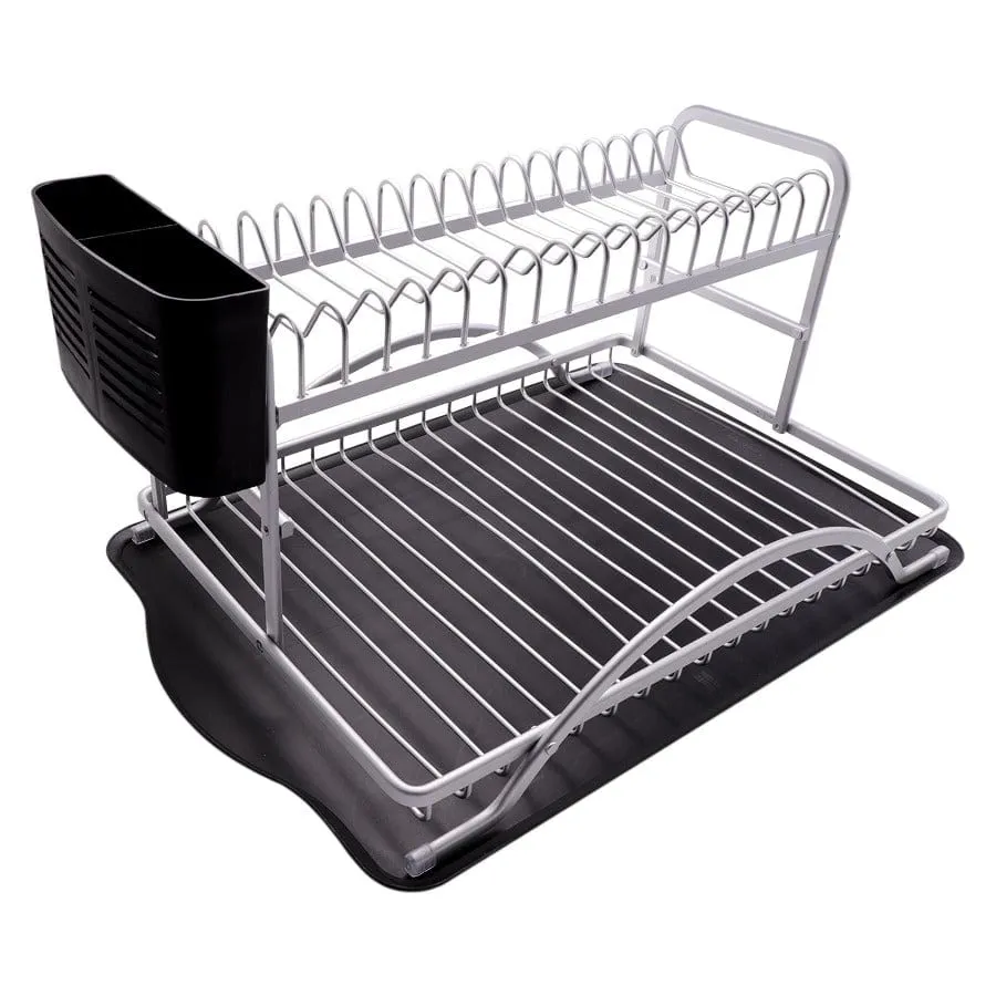 HS Double Dish Rack Silver Aluminum With Black Plastic Utensil Holder & Tray 42101