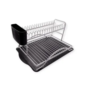 HS Double Dish Rack Silver Aluminum With Black Plastic Utensil Holder & Tray 42101