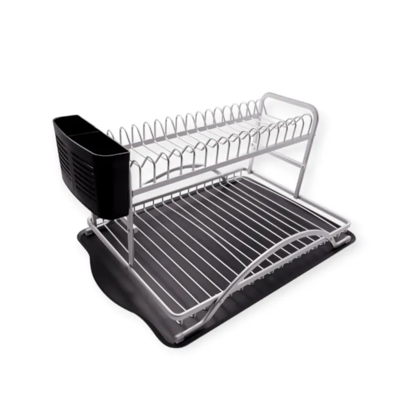 HS Double Dish Rack Silver Aluminum With Black Plastic Utensil Holder & Tray 42101