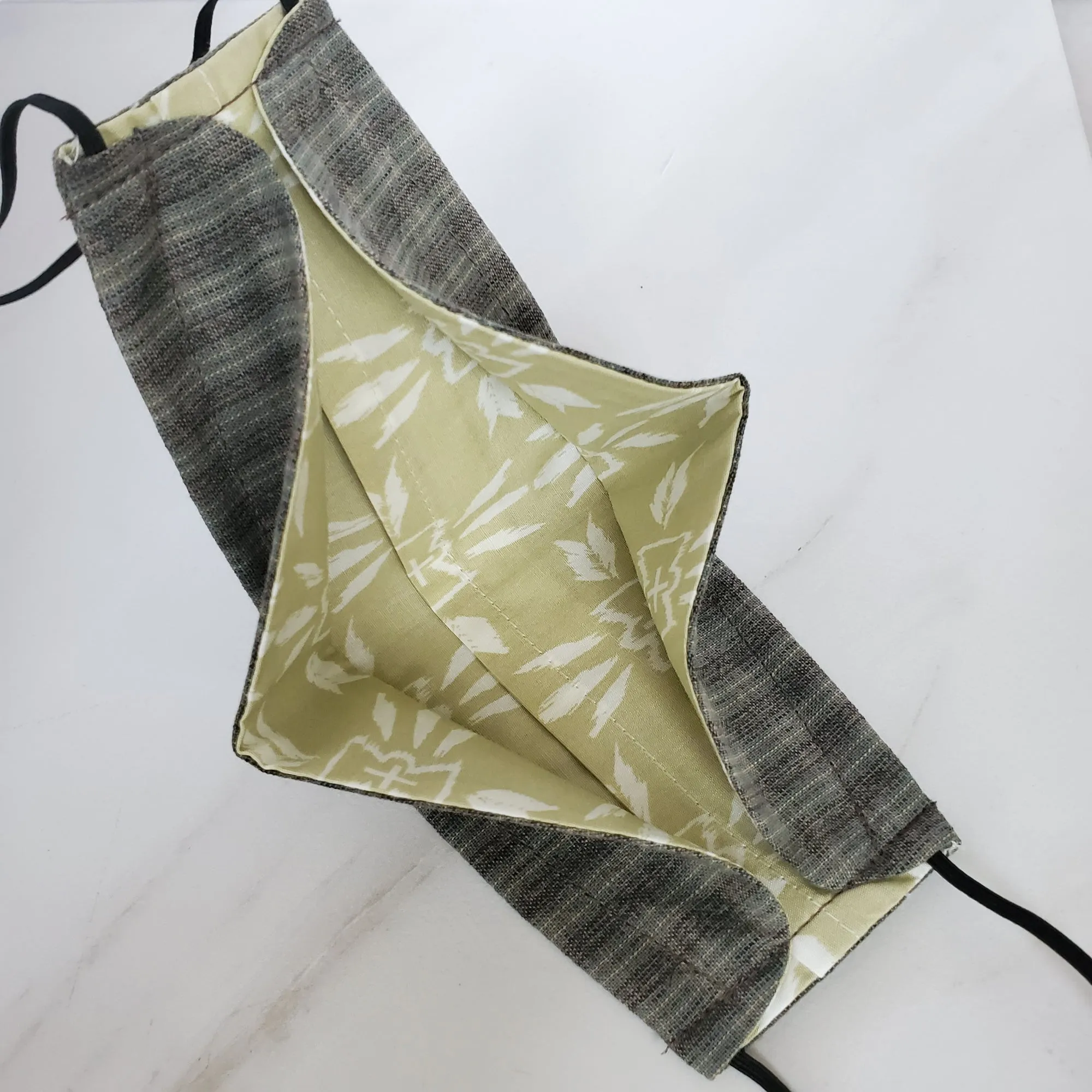 Kids Origami Mask - Japanese Yarn Dyed Plaid in Gray / Green
