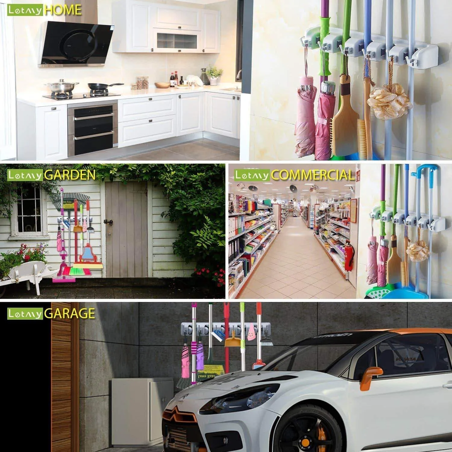 LETMY Broom Holder Wall Mounted - Mop and Broom Hanger Holder - Garage Storage Rack&Garden Tool Organizer - 5 Position 6 Hooks for Home, Kitchen, Garden, Tools, Garage Organizing