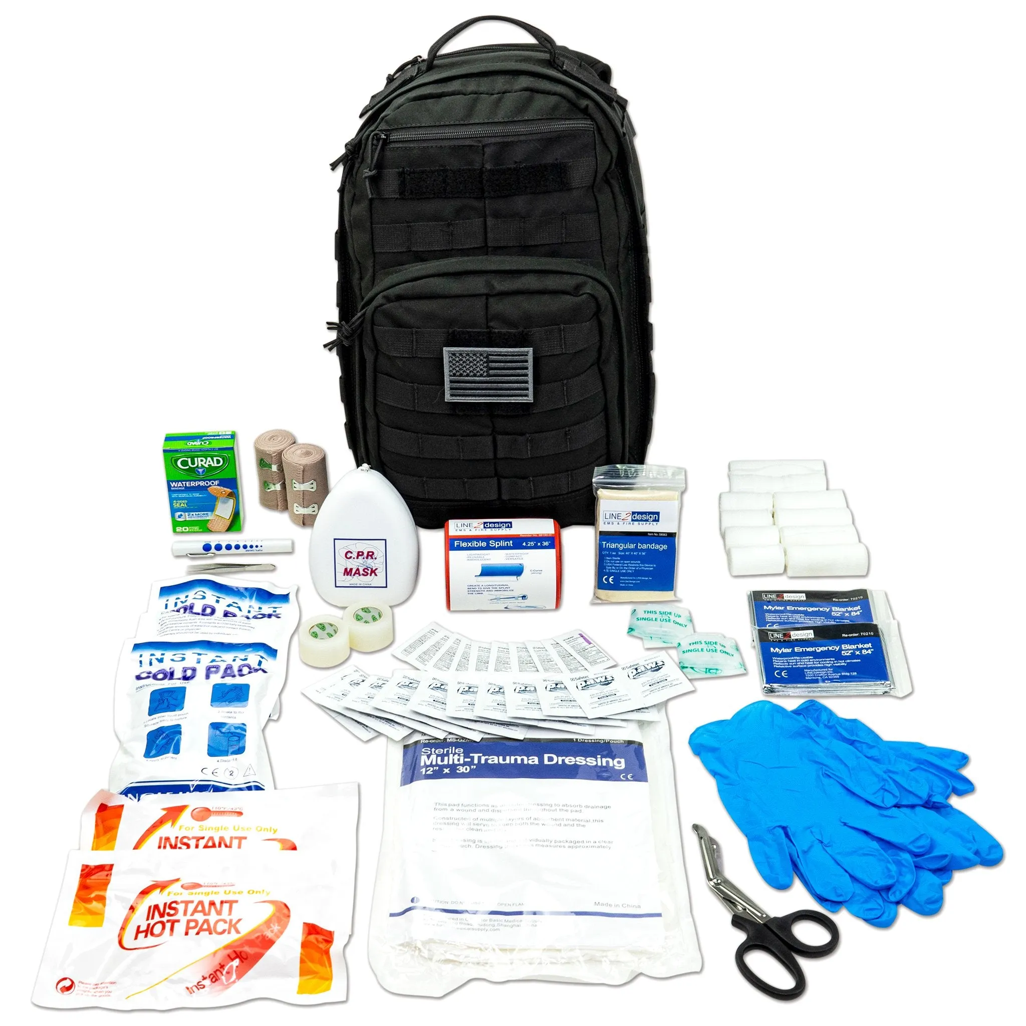 LINE2design Emergency Medical Stop Bleeding First Aid Kit, Tactical MOLLE Backpack Fully Stocked Rescue Kit