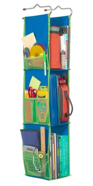 LockerWorks 3 Shelf Hanging Locker Organizer, 22-38 Inches Tall, Side Pockets, Suspends from Hooks, Shelf, or Closet Rod - Royal Blue/Green