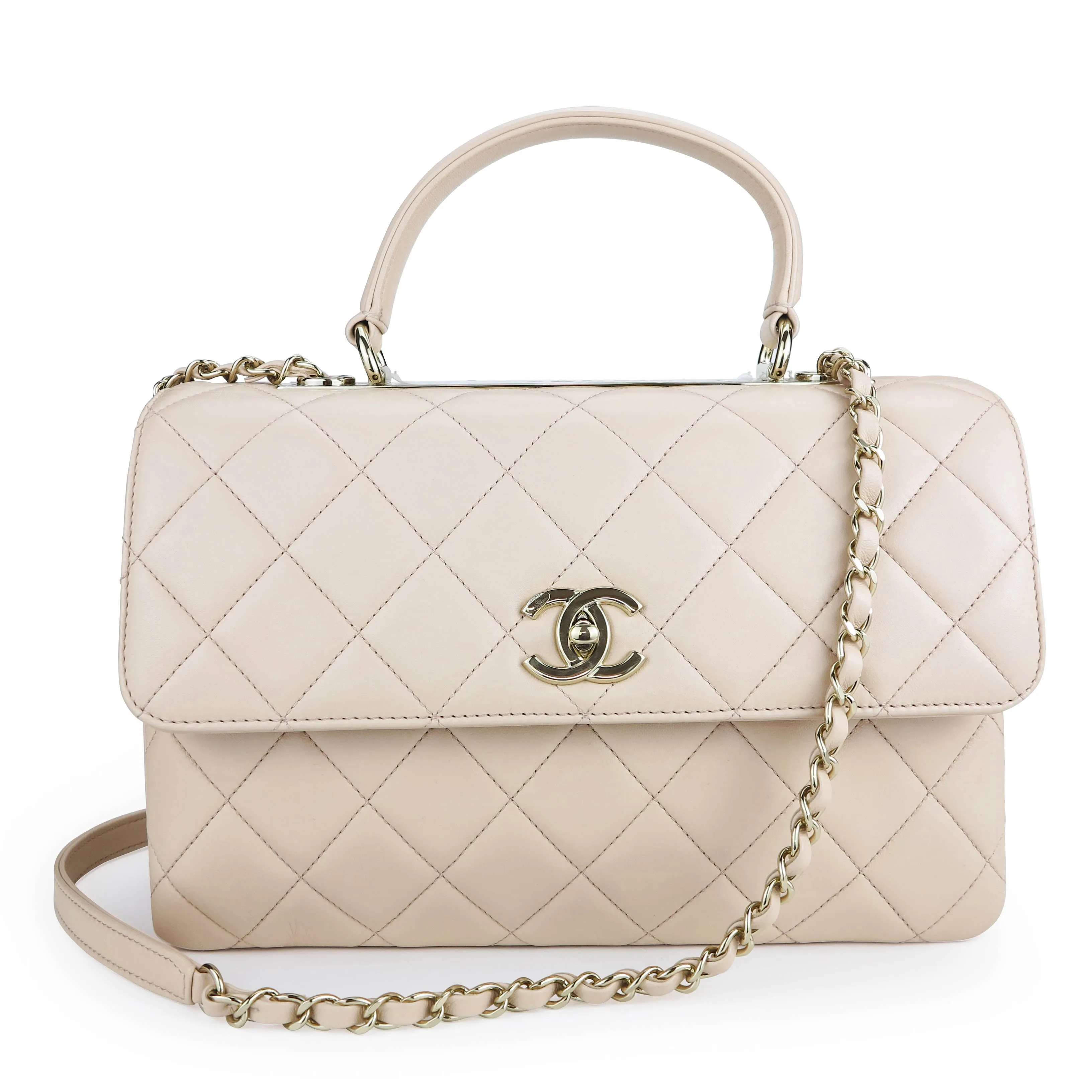 Medium Trendy CC Flap Bag with Top Handle in 21S Light Beige Lambskin