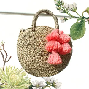 Petite Luna Bag - Round Straw Tote Bag with Pink Tassels