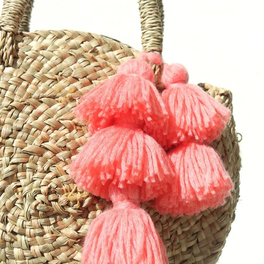 Petite Luna Bag - Round Straw Tote Bag with Pink Tassels