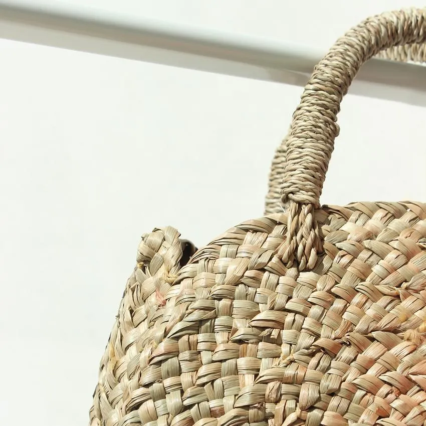 Petite Luna Bag - Round Straw Tote Bag with Pink Tassels